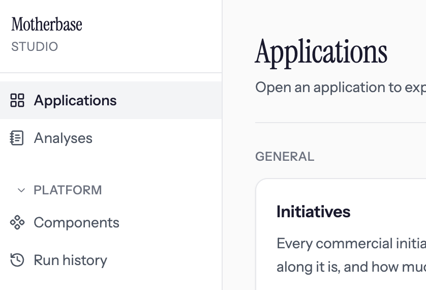 The Motherbase studio, listing the applications available to a business.