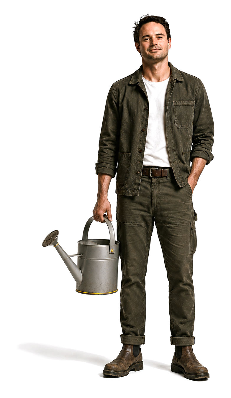 Jakob Poulsen in worn olive work clothes and boots, holding a watering can.