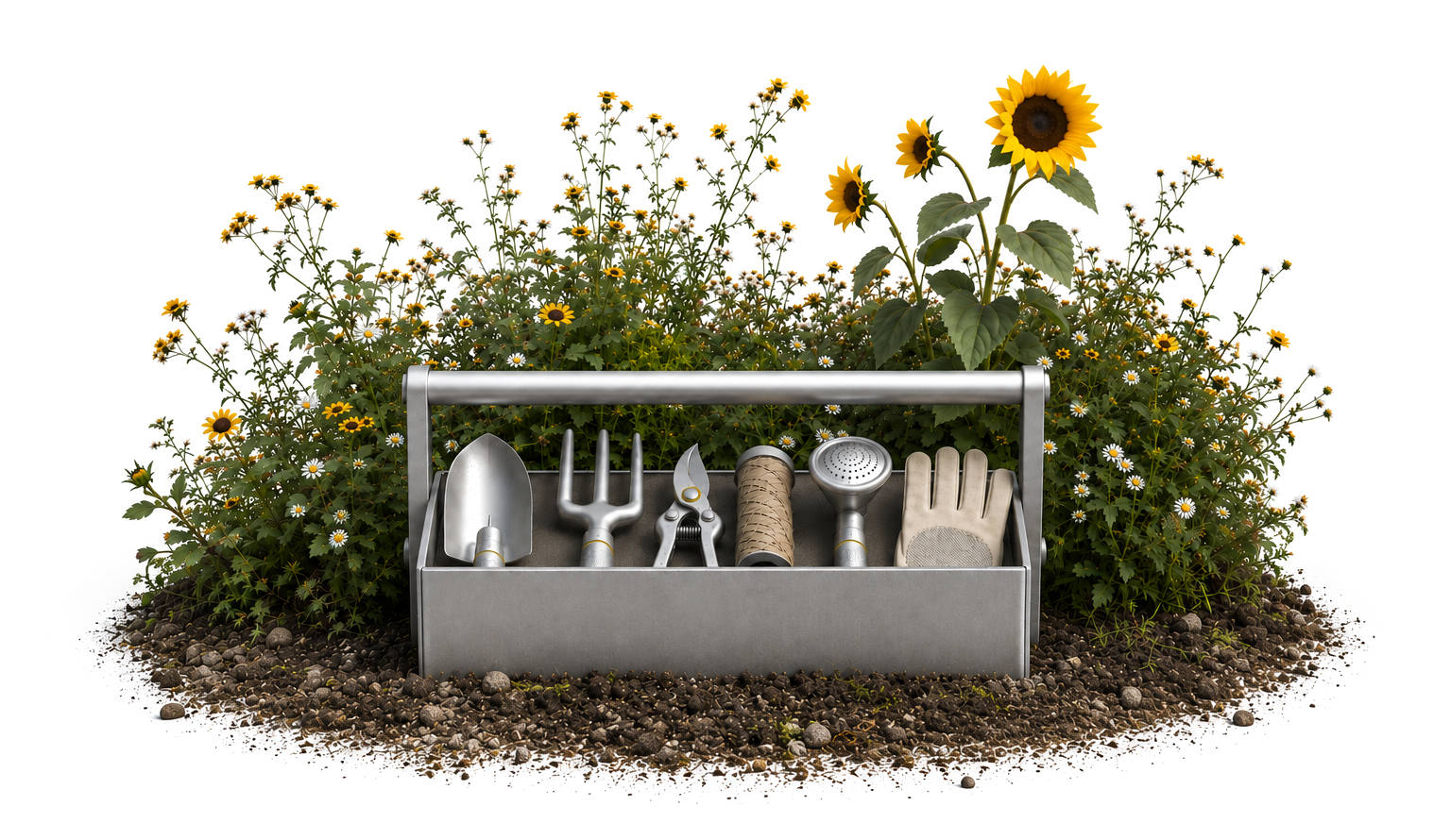 A brushed steel toolbox holding a matched set of garden tools, standing in fresh earth in front of sunflowers and wildflowers.